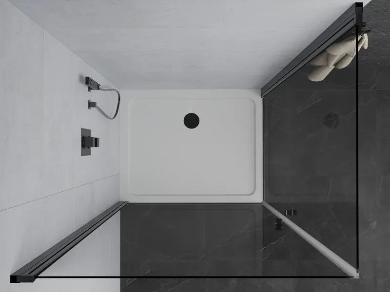 Mexen Pretoria Duo, sprchovací kút s 2-krídlovými dverami 80 (dvere) x 70 (dvere) cm, 6mm číre sklo, čierny profil + slim sprchová vanička 5cm biela s čiernym sifónom, 852-080-070-70-02-4010B