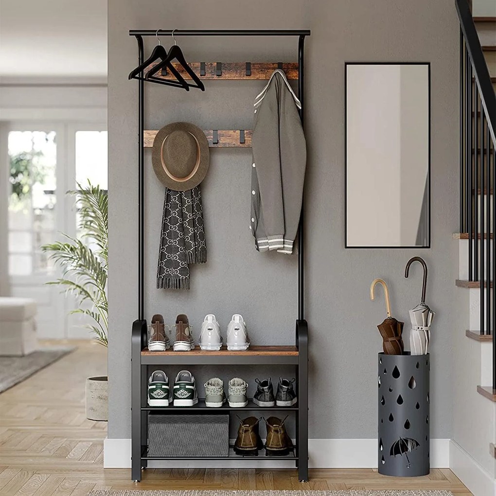 Stojan na kabáty s 9 háčikmi a botníkom, predsieňová stena, rustikálna hnedá
