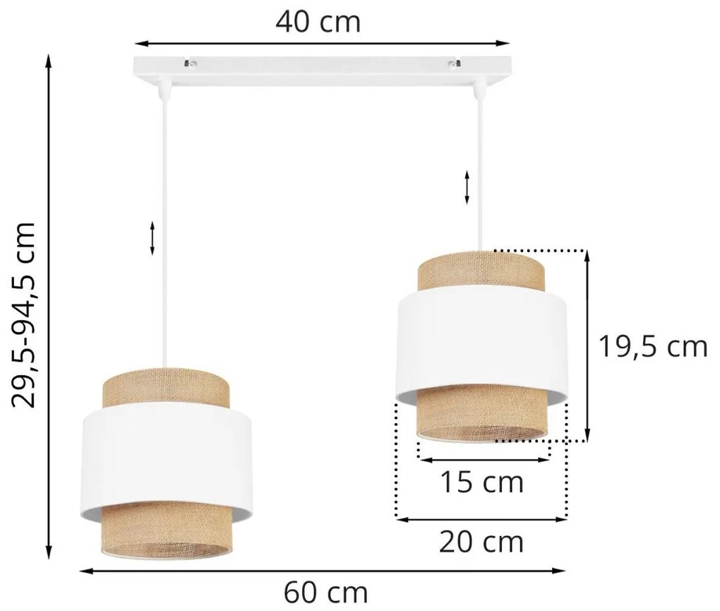Závesné svietidlo BOHO, 2x jutové/biele textilné tienidlo