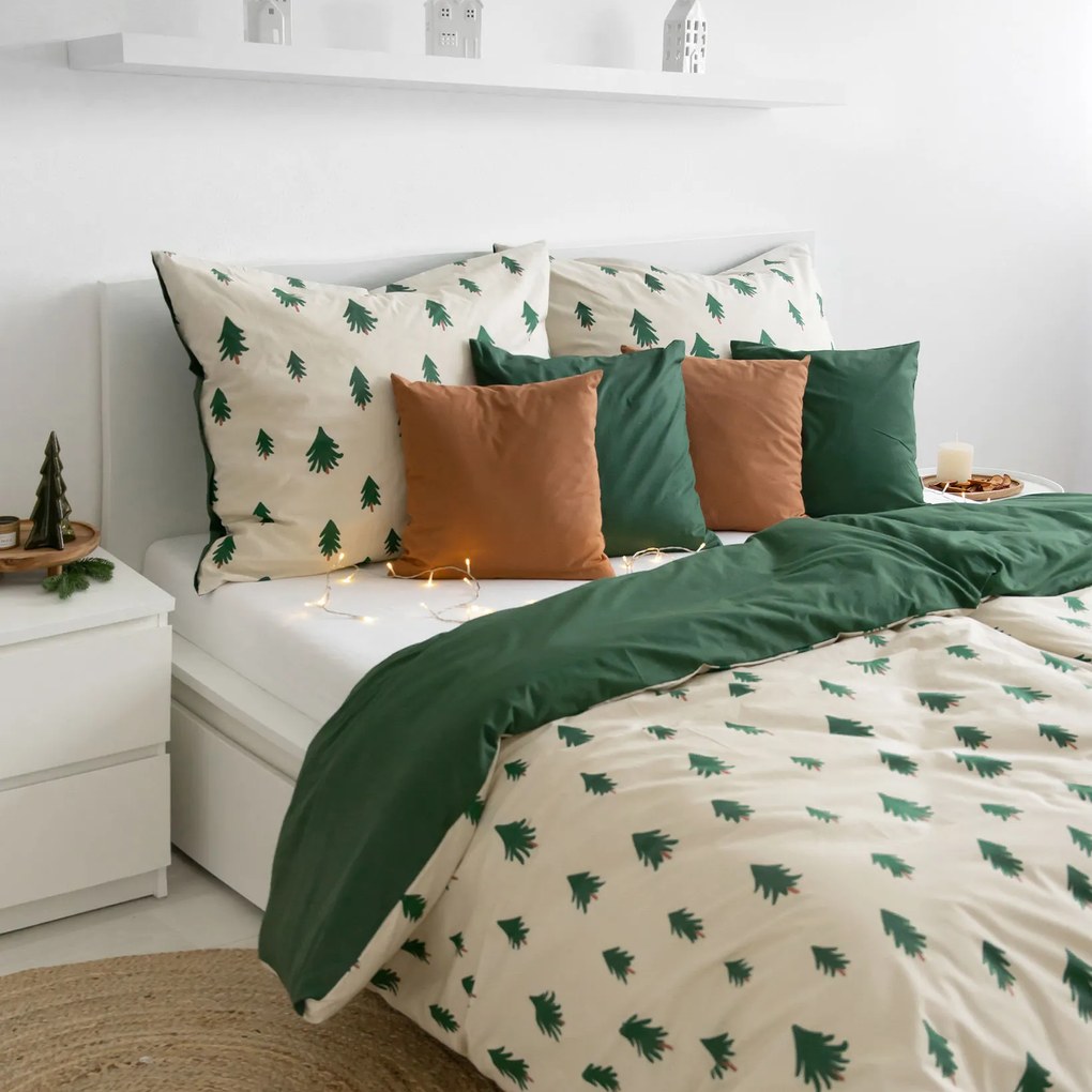 Goldea bavlnené posteľné obliečky duo - stromčeky na režnom s tmavo zelenou 200 x 200 a 2ks 70 x 90 cm