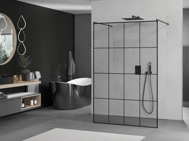 Mexen Kioto, sprchová zástena Walk-In 150 x 200 cm, 8mm sklo čierny vzor, čierny profil, 800-150-002-70-77