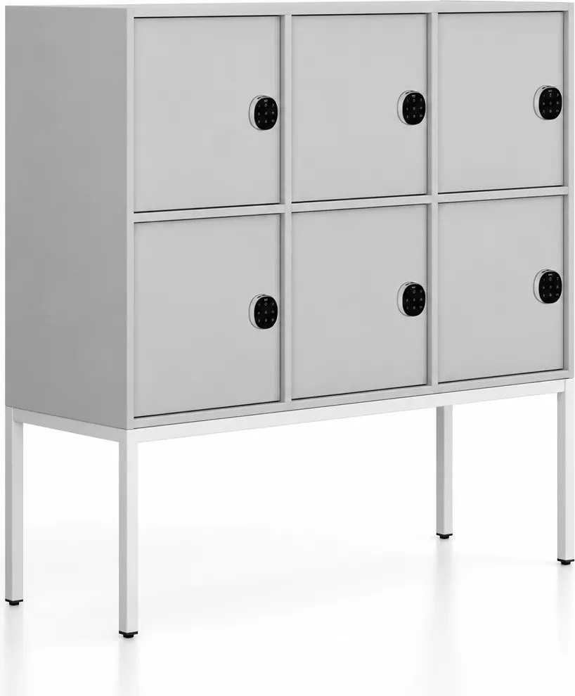 Kancelárska skriňa FRAME, nízka, biela podnož, 6x dvere, 1299 x 450 x 1331 mm, kódový zámok, sivá