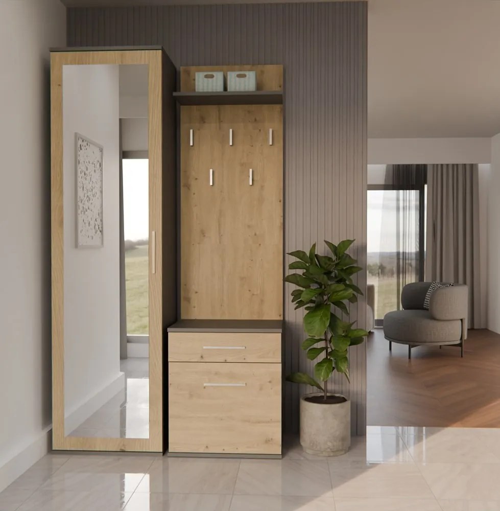 Predsieňová stena so zrkadlom a šuplíkmi DUO dub artisan/antracit