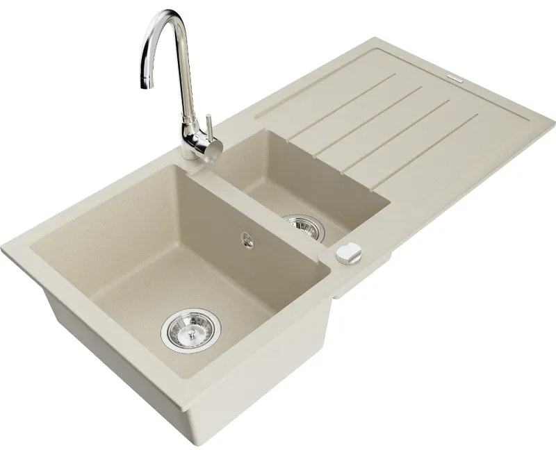 Mexen Andres, granitový drez 1000x500x200 mm, 1,5-komorový, béžová s chrómovým sifónom a chrómová drezová batéria Telma, 6515-69-670200-00