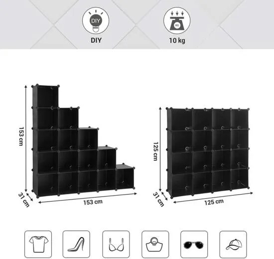 Úložný policový systém v tvare 16 kociek, stojan na topánky, stohovateľné kocky, čierna