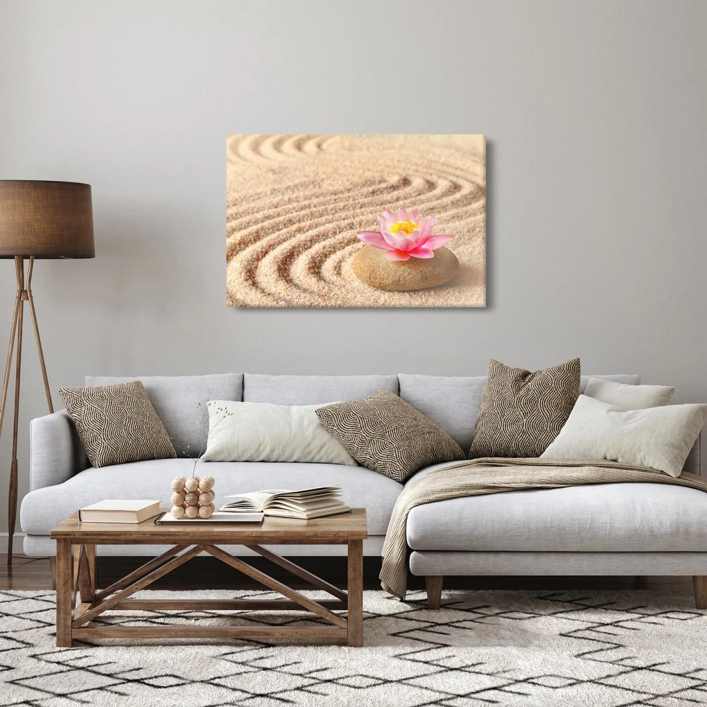 Obraz kameňa s kvetinou na piesku (90x60 cm)