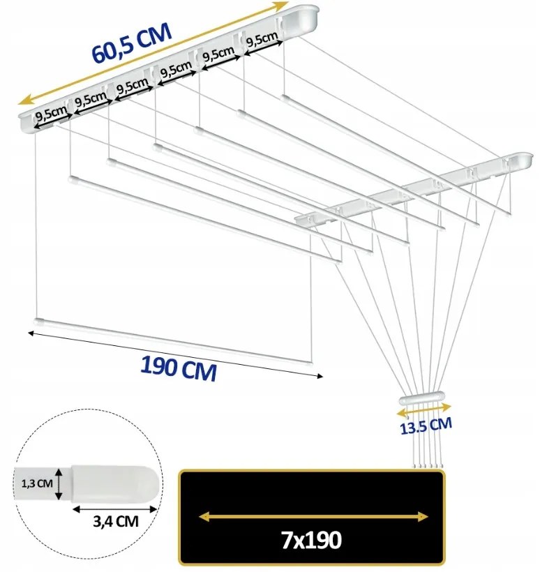 Erga Erga, stropný vešiak na sušenie bielizne 7x190 cm, biela, ERG-SEP-10SUSSUF1907P
