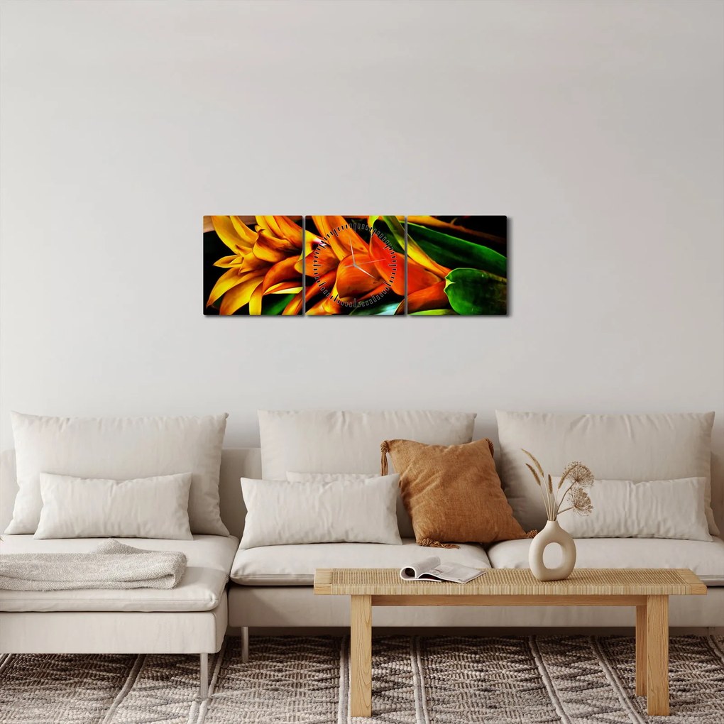 Obraz oranžovej kytice (s hodinami) (90x30 cm)