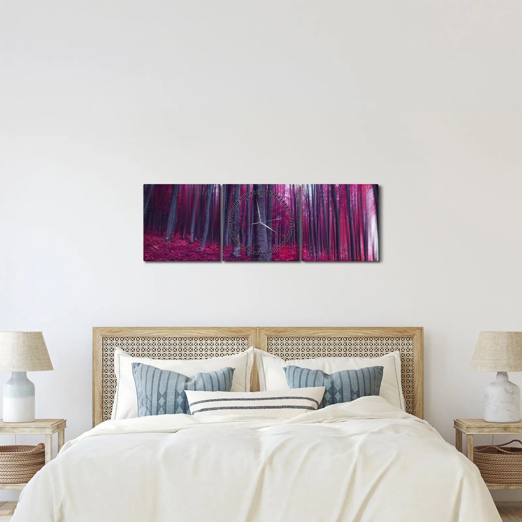 Obraz ružového lesa (s hodinami) (90x30 cm)