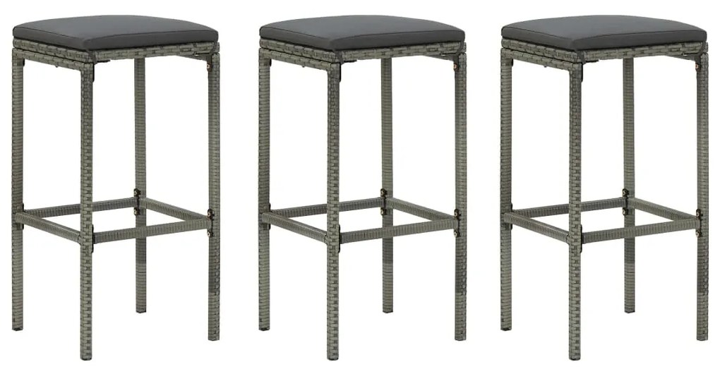 vidaXL Barové stoličky s vankúšmi 3 ks sivé polyratan