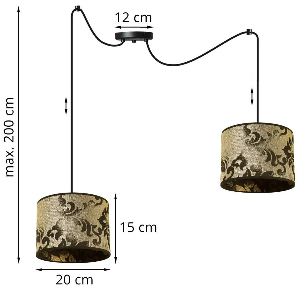 Závesné svietidlo WERONA SPIDER 1, 2x čierne/zlaté textilné tienidlo so vzorom