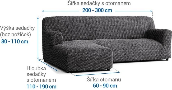 Bielastické poťahy MOSAICO tmavosivé sedačka s otomanom vľavo (š. 170 - 300 cm)