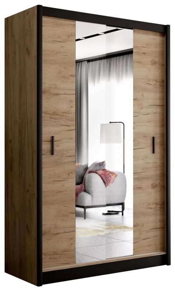 Šatní skriňa MIRO 150x215 cm dub craft/čierna so zrkadlom