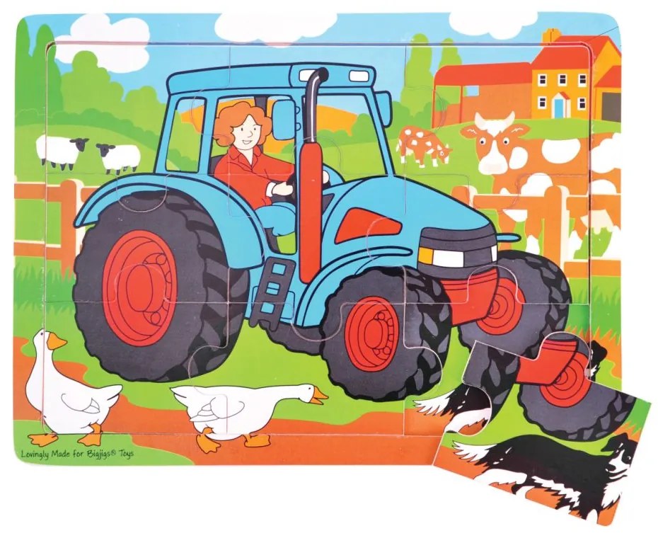 Bigjigs Toys Drevené puzzle traktor 9 dielikov