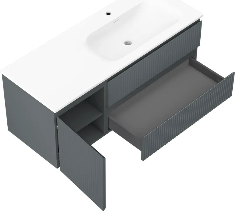 Mexen Rivel, kúpeľňová skrinka 120 cm s pravým umývadlom Vela, 2S, 1D, drážkovaná, grafitová/biela matná, 91A23-12047-3-BBFFF66-W23P01
