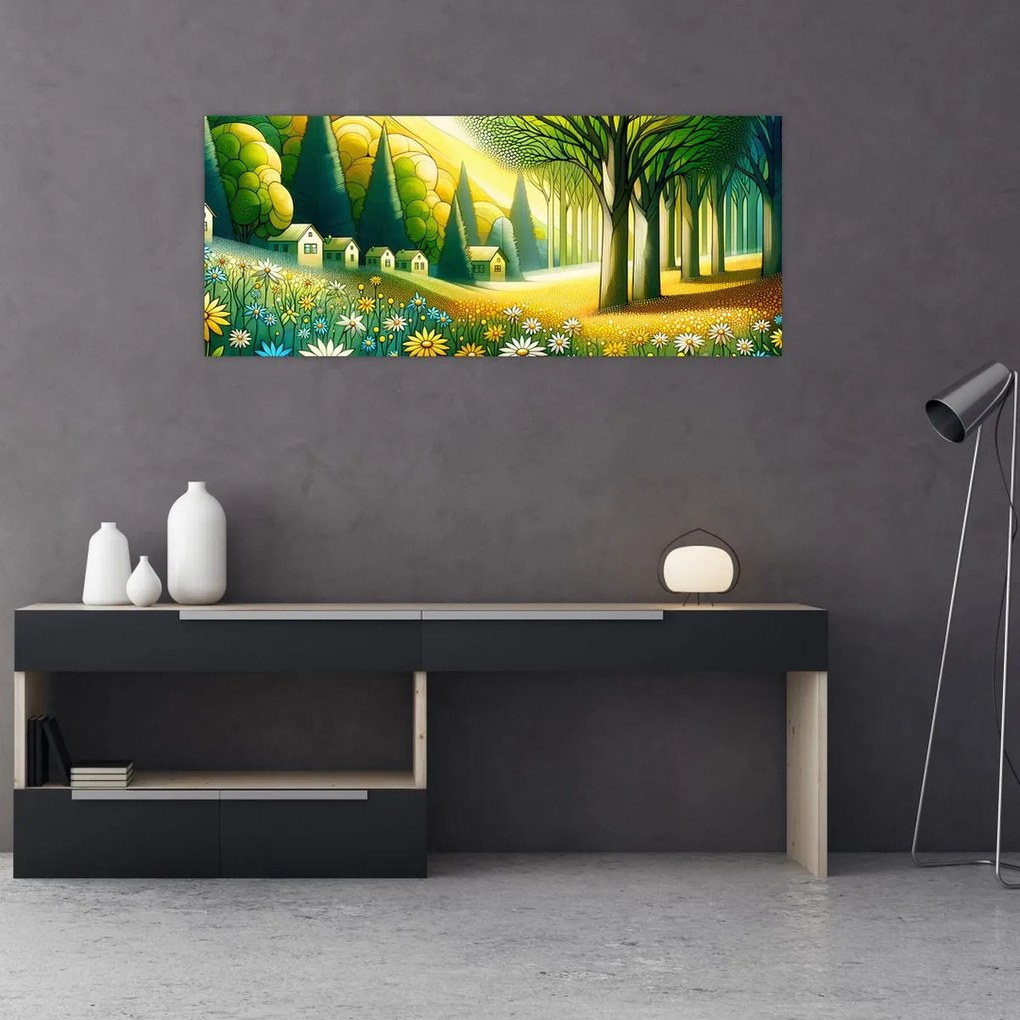Obraz - Dedina v žlto-zelenej (120x50 cm)