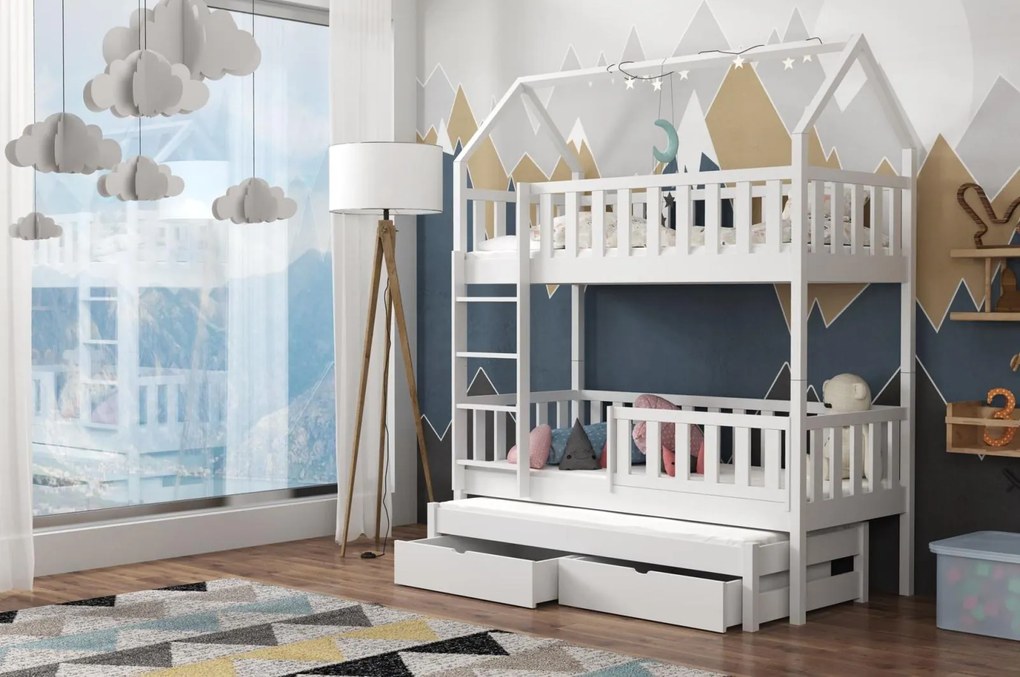 Detská domčeková poschodová posteľ z masívu borovice OTA s prístelkou a šuplíky - 200x90 cm - BIELA