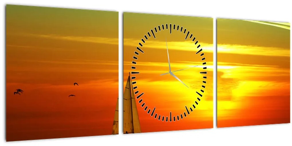 Obraz západu slnka s jachtou (s hodinami) (90x30 cm)