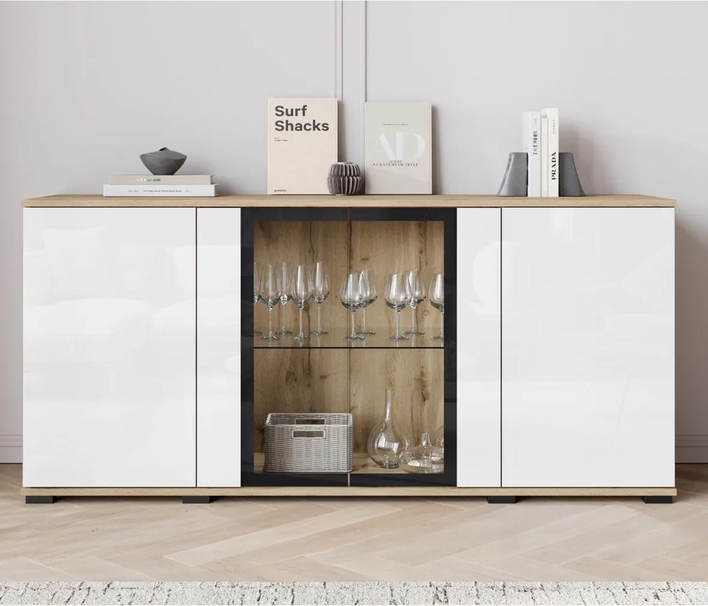 Komoda s vitrínou LED Caro dub wotan/biely lesk