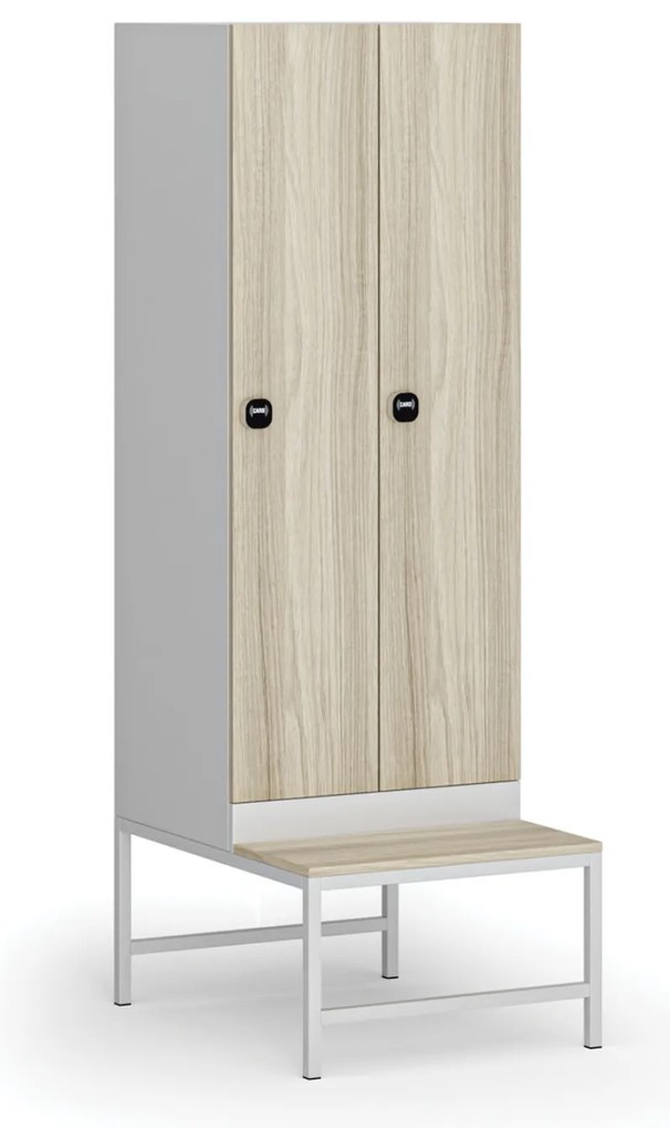 Šatníková skrinka S1 s lavičkou, 2 oddiely, 1875 x 600 x 500/800 mm, demont, zámok s čítačkou RFID kariet, laminované dvere, dub prírodný