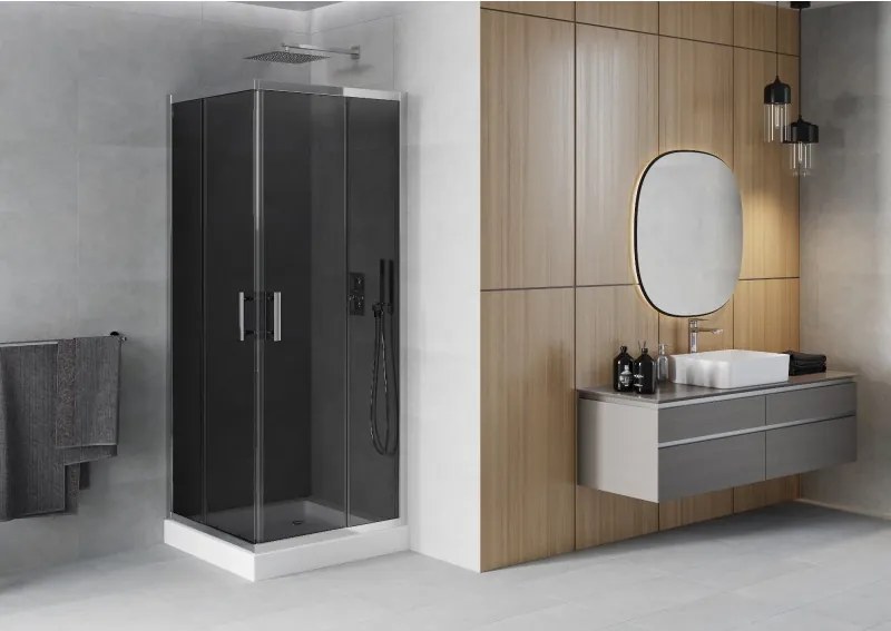 Mexen Rio, štvorcový sprchovací kút s posuvnými dverami 70 x 70 cm, 6mm šedé sklo, chrómový profil + biela vysoká vanička Rio, 860-070-070-01-40-4510