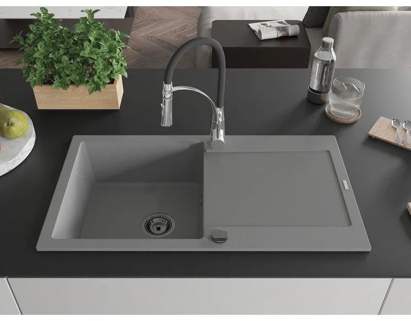 Mexen Leo, granitový drez 900x500x190 mm, 1-komorový a drezová batéria Aster, šedá, 6501-71-73450-07-B