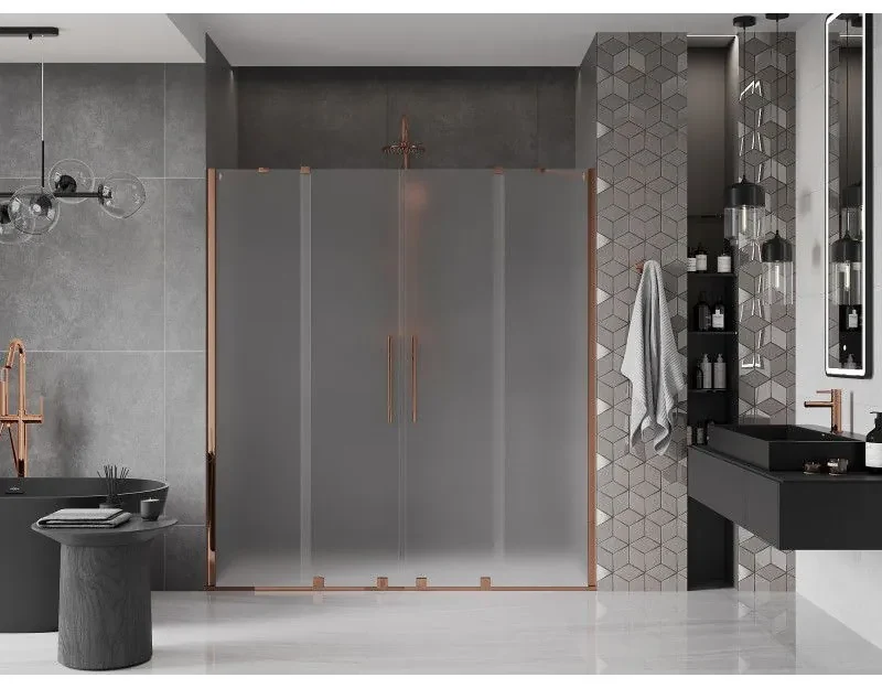 Mexen Velar Duo, posuvné sprchové dvere do otvoru 170 cm, 8mm sklo námraza, ružové zlato, 871-170-000-32-60