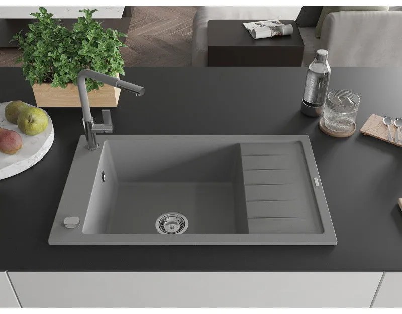 Mexen Elias, 1-komorový granitový drez 795x480x200 mm a drezová batéria Flora, šedá, 6511-71-670401-06