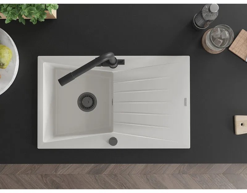 Mexen Cesar, granitový drez 775x470x190 mm, 1-komorový a čierna matná batéria Duero, biela, 6514-20-671600-70