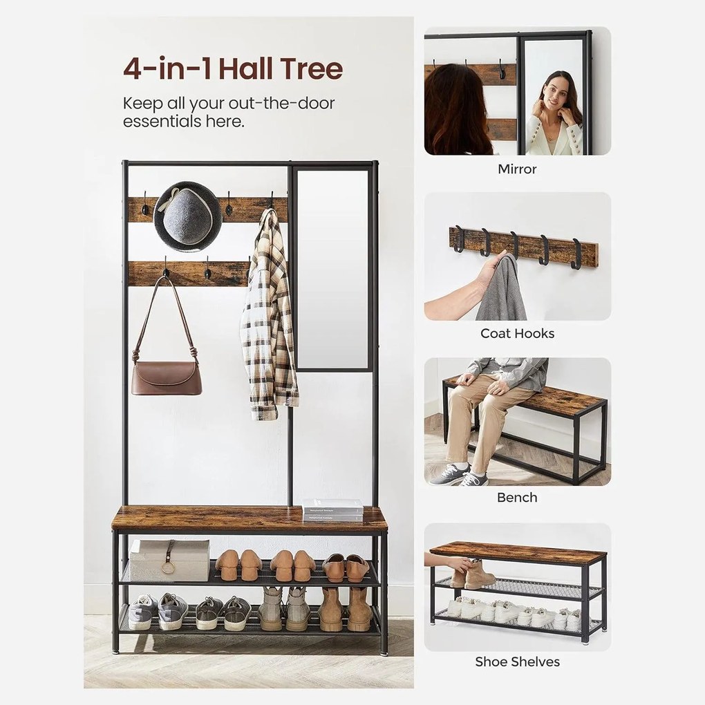 Stojan na kabáty so zrkadlom, háčikmi, lavicou a policami na topánky, rustikálny hnedý