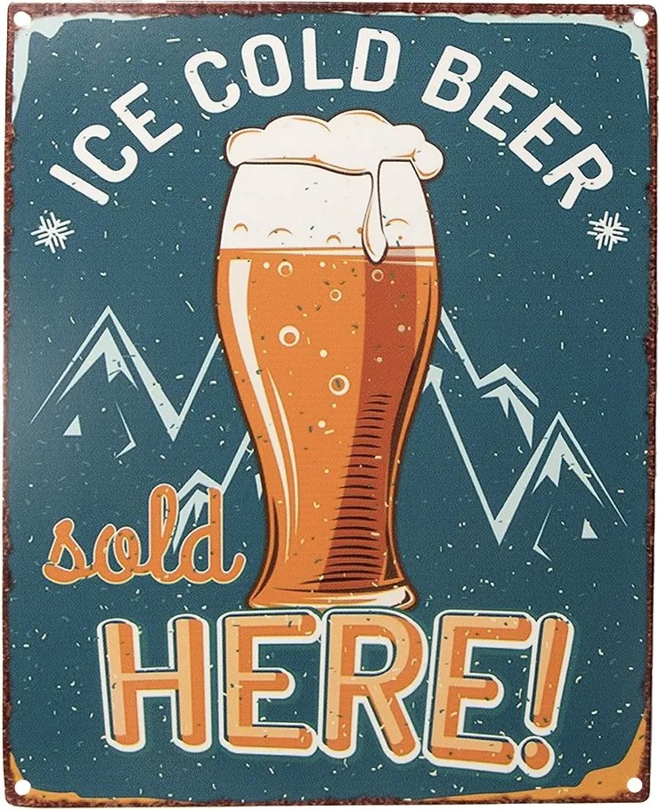 Modrá antik nástenná kovová ceduľa Ice Cold Beer, Sold Here - 20*1*25 cm