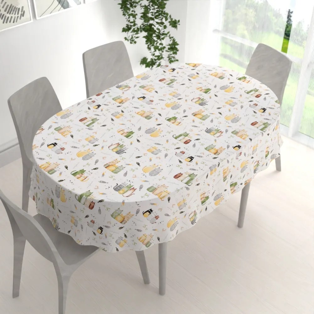 Biante Detský bavlnený oválny obrus Sandra SA-652 Mačací svet zeleno-žltý na bielom 140x160 cm
