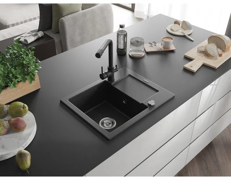 Mexen Enzo, granitový drez 576x465x174 mm, 1-komorový, čierna matná batéria Duero, čierna - strieborná metalíza, 6506-73-671600-70