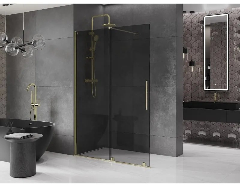 Mexen Velar, sprchová zástena s posuvnými dverami Walk-in 140 x 200 cm, 8mm šedé sklo, zlatá lesklá, 871-140-000-43-50