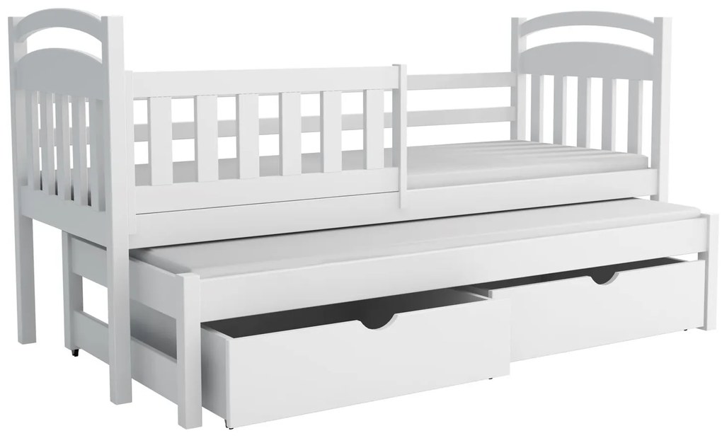 Detská posteľ z masívu borovice KAŠPAR s prístelkou a šuplíky - 200x90 cm - BIELA