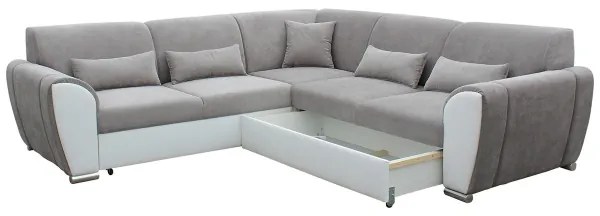 Rozkladacia rohová sedacia súprava VISEU do tvaru L s úložným priestorom, pravá, šedá/biela