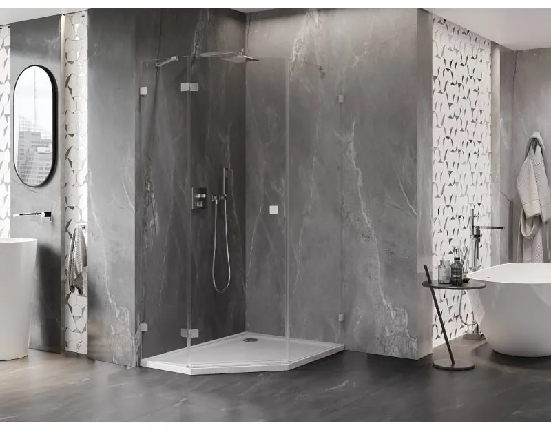 Mexen Lunar, päťuholníkový sprchový kút naklápací doľava 80 x 90 cm, 8mm číre sklo, oceľový profil, 831-080L-090P-97-00-L