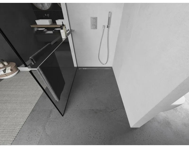 Mexen Kioto+ L, sprchová zástena Walk-In s poličkou a vešiakom 50 x 200 cm, 8mm číre sklo čierny vzor, chrómový profil, 800-050-123-01-70