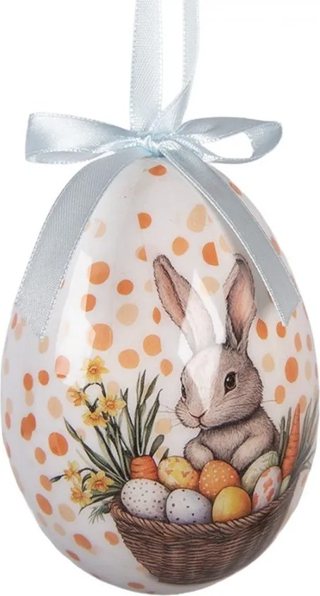6ks dekorácie biele a béžové závesné vajíčko s zajačikmi Spring Egg - Ø 7*10 cm
