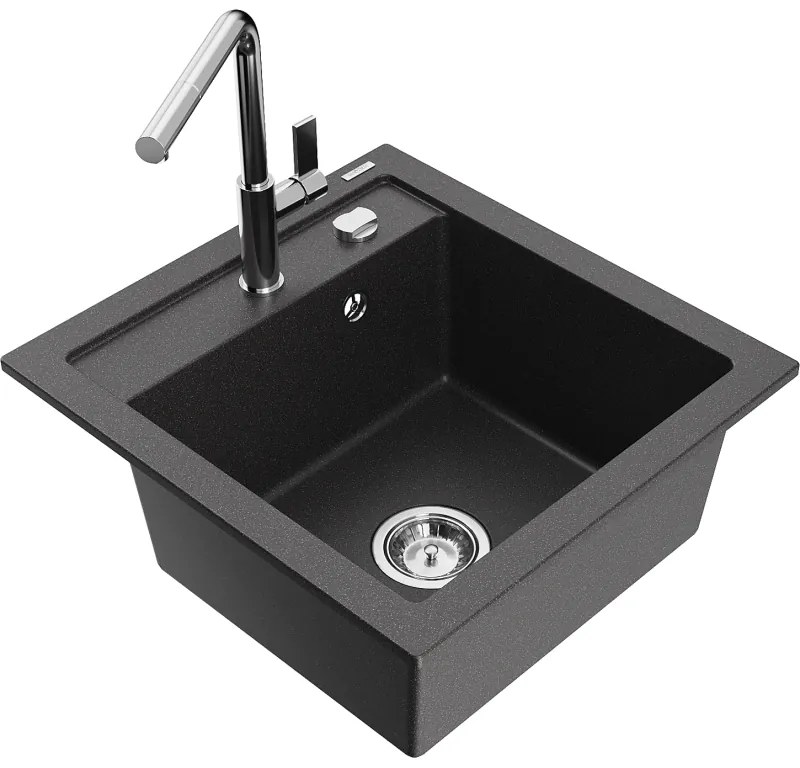 Mexen Vito, 1-komorový granitový drez 490x520x210 mm a drezová batéria Flora, čierna škvrnitá, 6503-76-670401-00