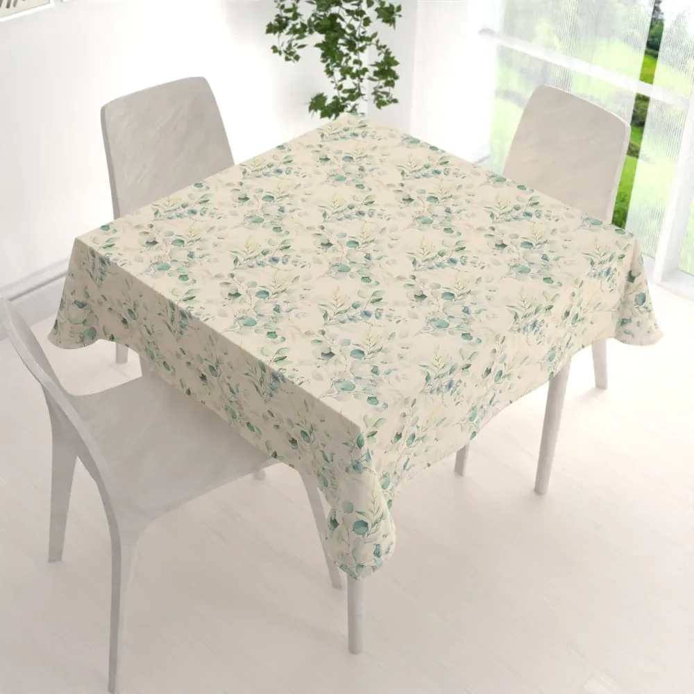 Biante Ľanový štvorcový dekoračný obrus LEN-010 Modrozelené listy eukalyptu na režnom 80x80 cm