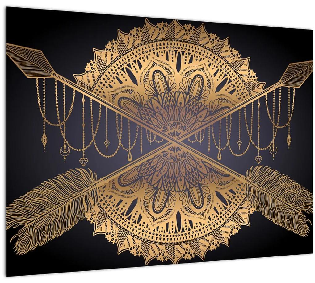 Sklenený obraz - Zlatá mandala s šípmi (70x50 cm)