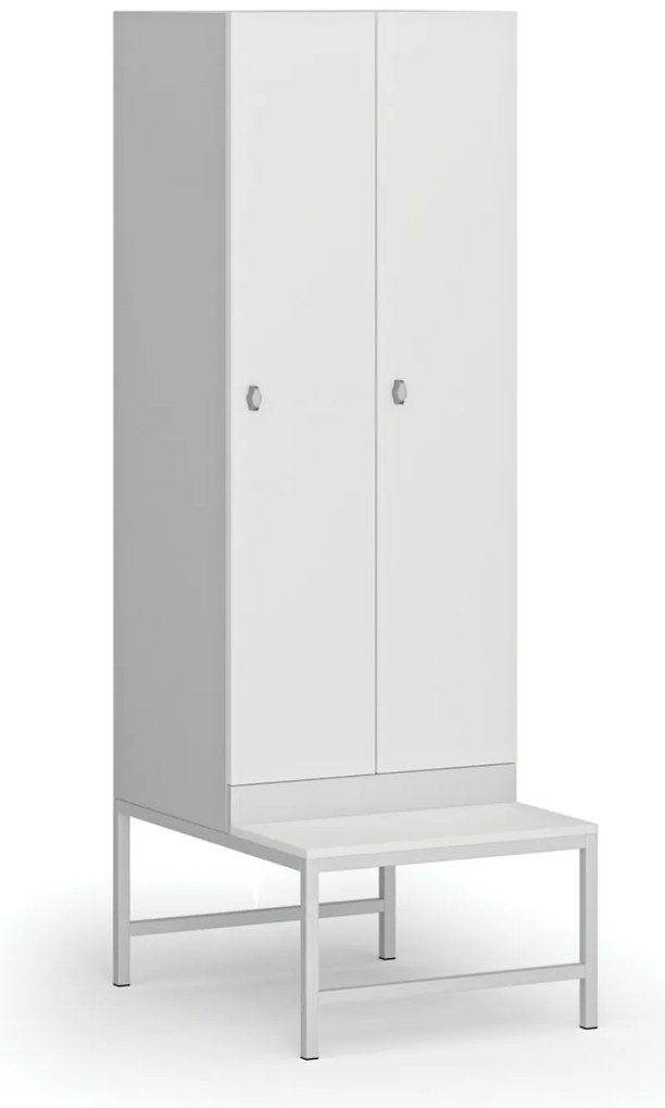 Šatníková skrinka S1 s lavičkou, 2 oddiely, 1875 x 600 x 500/800 mm, otočný zámok, laminované dvere, biela