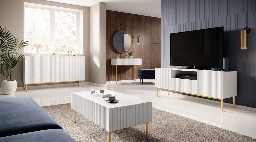 TV stolík Nicole 150 cm s otvorenou policou - biely mat / zlaté nožičky