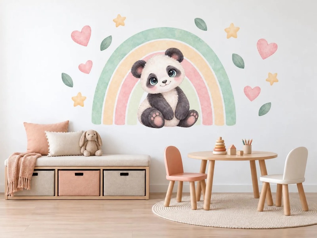 Panda pod dúhou mätové textilné nálepky na stenu pre dievčatá arch 46 x 33 cm