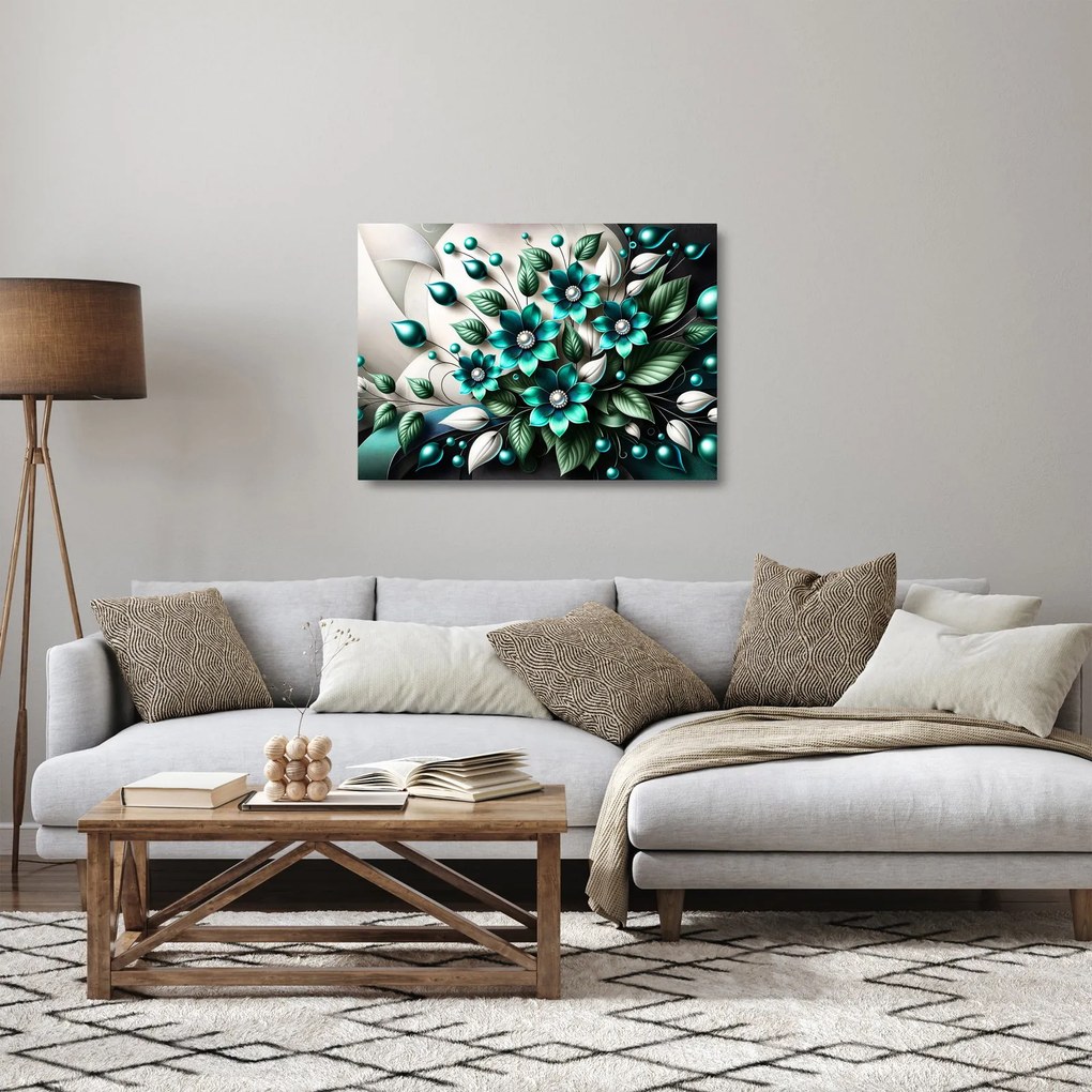 Sklenený obraz - 3D tyrkysové kvety (70x50 cm)