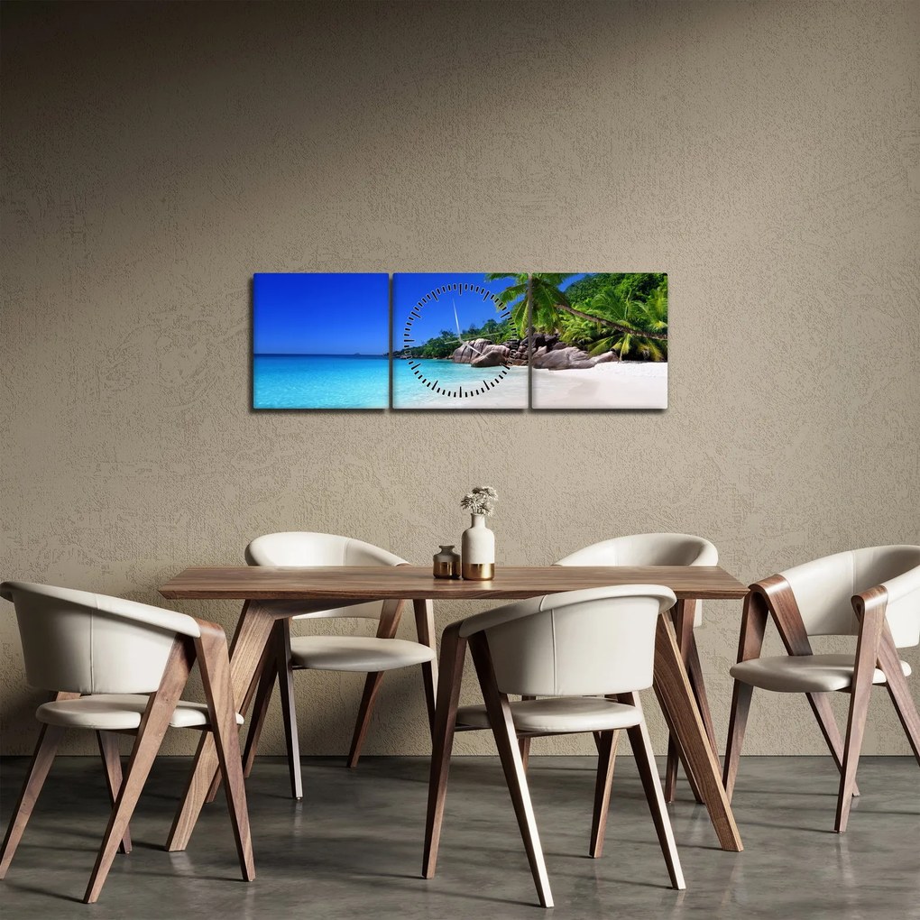 Obraz pláže na Praslin ostrove (s hodinami) (90x30 cm)
