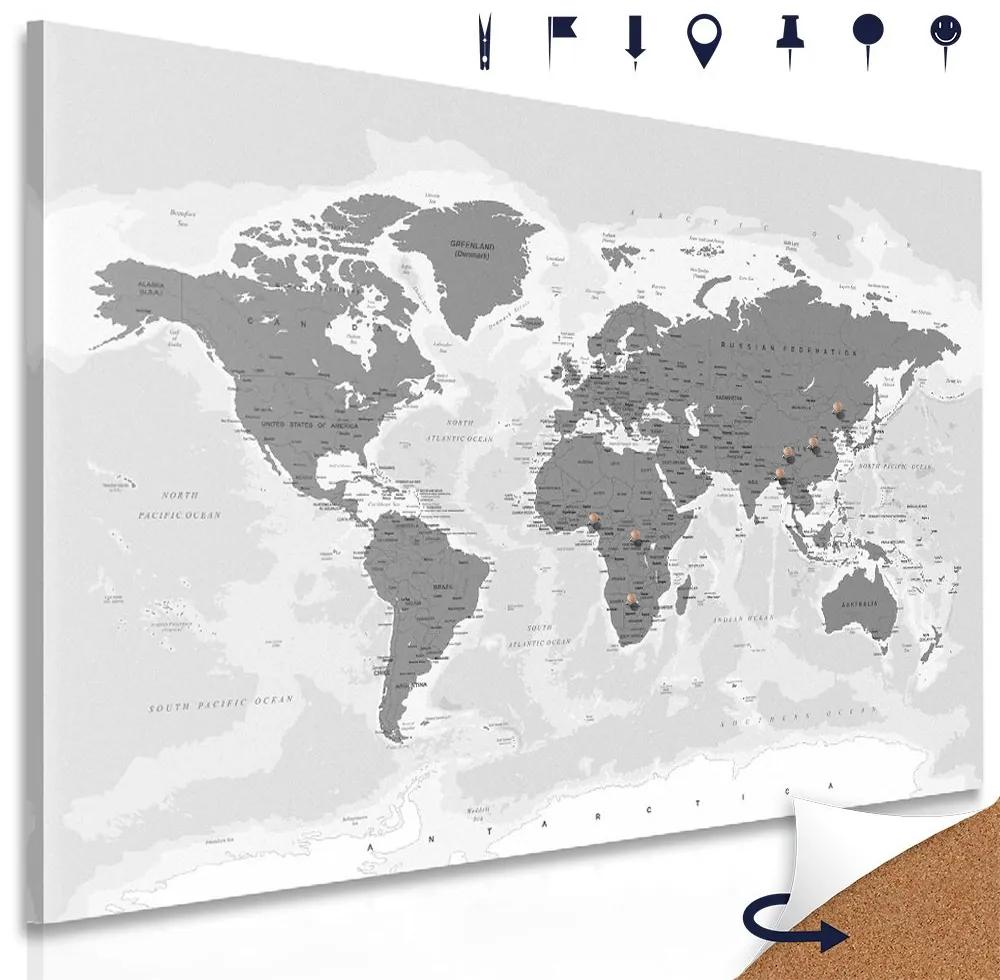 Obraz na korku mapa sveta v nežnom čiernobielom prevedení