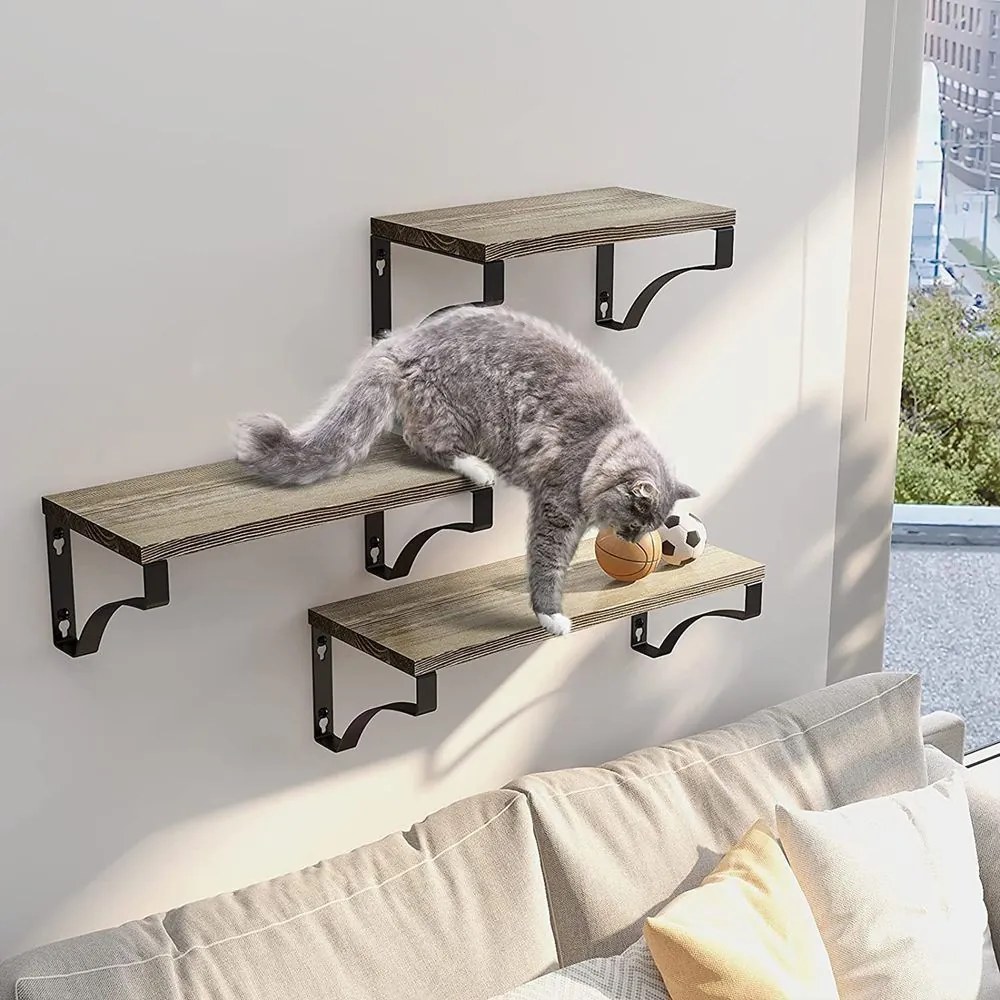 Tutumi, sada drevených políc 3ks 30x15 / 40x15 / 50x15 cm 322183, čierna-hnedá, HOM-06804