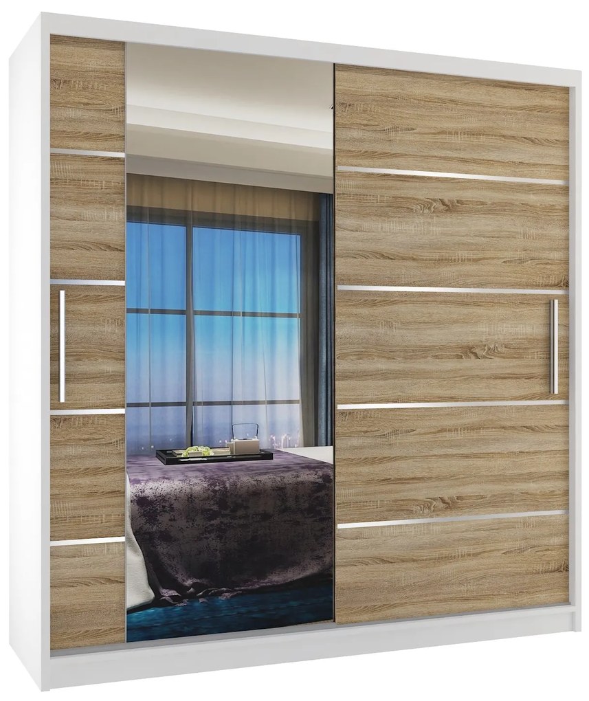 Šatníková skriňa 158 cm Belini biely mat / dub sonoma s posuvnými dverami zrkadlom a zásuvkami  MBP SZP7/0/W/DS/0/KLAL